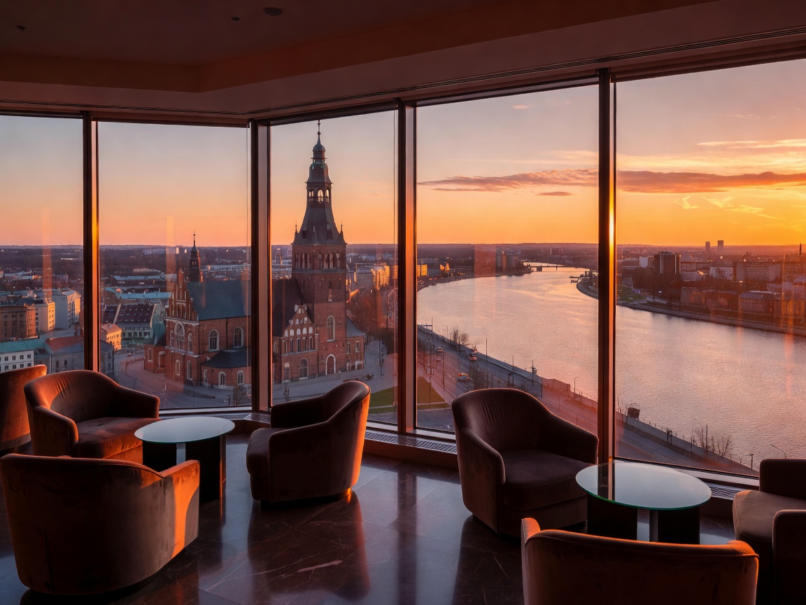 Sisänäkymä Skyline Barista auringonlaskun aikaan katsellen kohti Riian tuomiokirkkoa ja Daugava-jokea