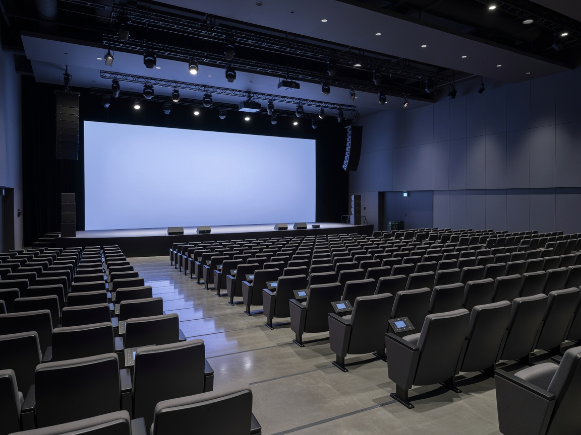 Suuri konferenssisali varustettuna nykyaikaisella av-tekniikalla ja osallistujapaikoilla