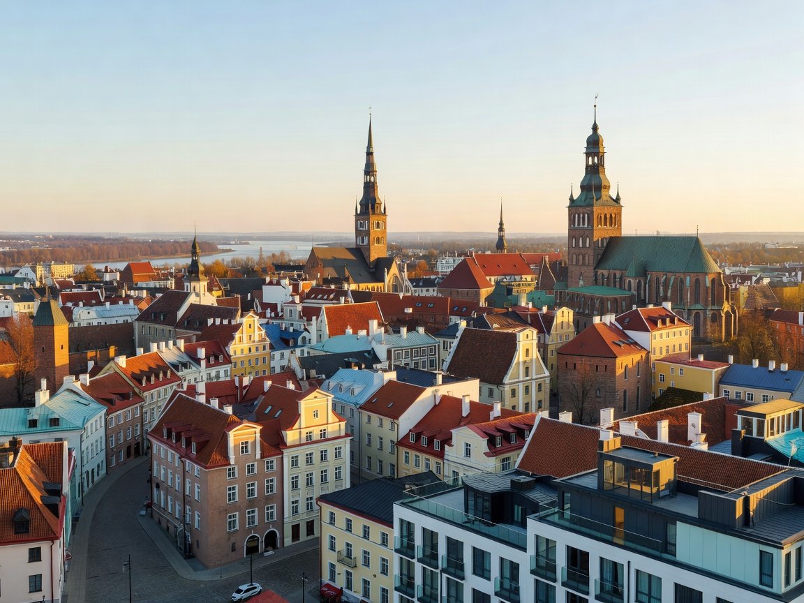 Panoraamanäkymä Radisson Blu Latvija -hotellin ylemmän kerroksen huoneesta Riian vanhaankaupunkiin